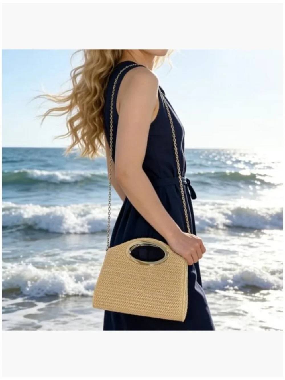 Woven Straw Clutch with Gold Chain, Top Handle Evening Bag - Picture 2 of 7